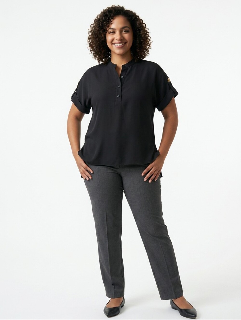 Michael Kors Black Short-Sleeve Band-Collar Polo with Gold Logo